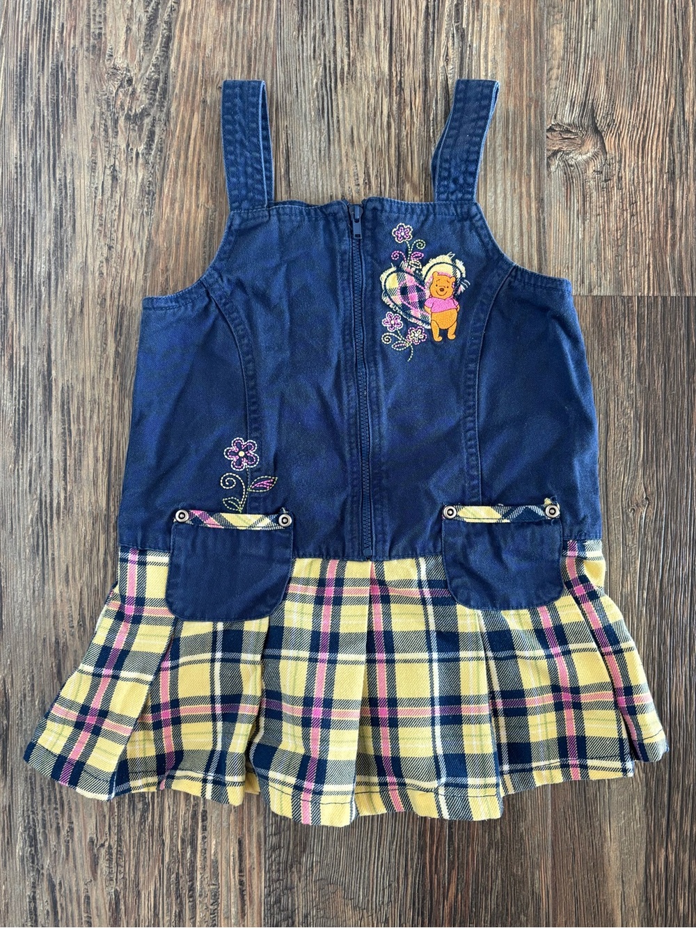 Y2K Disney Winnie the Pooh Peplum Jumper Dress 4T Navy Yellow Plaid Embroidered